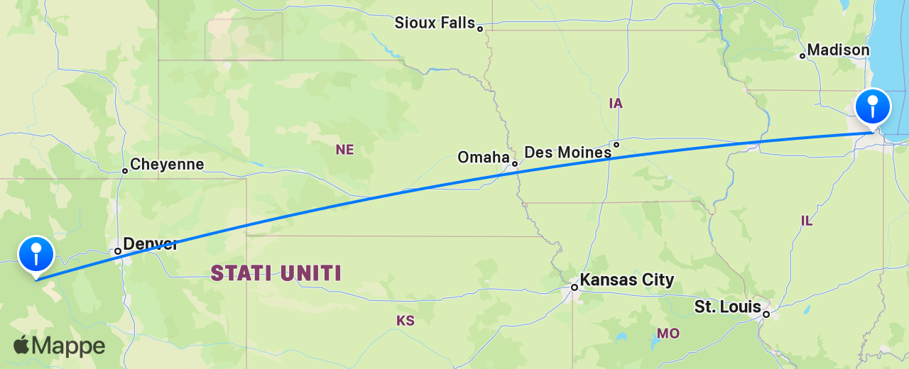 Mappa del volo da Aspen a Chicago