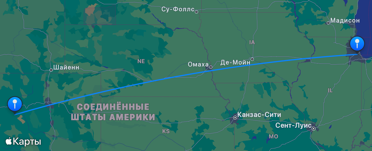 Карта перелёта Аспен — Чикаго