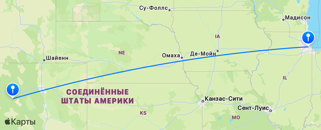 Карта перелёта Аспен — Чикаго