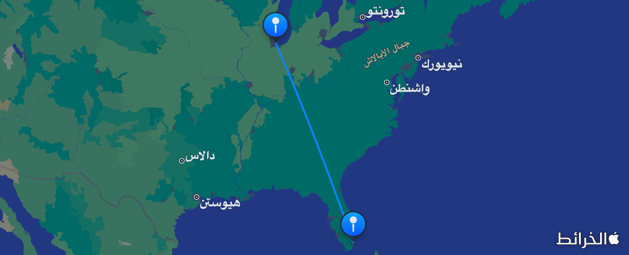 خريطة الرحلة من شيكاغو إلى ميامي