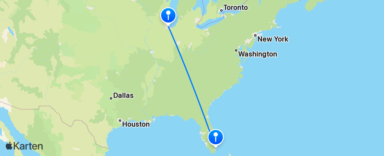 Karte des Flugs von Chicago nach Miami