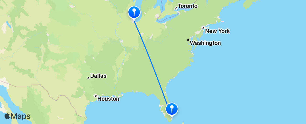 Map of the flight from Chicago to Miami