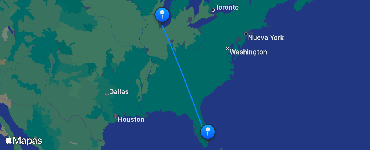 Mapa del vuelo de Chicago a Miami