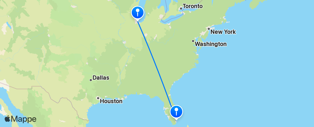 Mappa del volo da Chicago a Miami