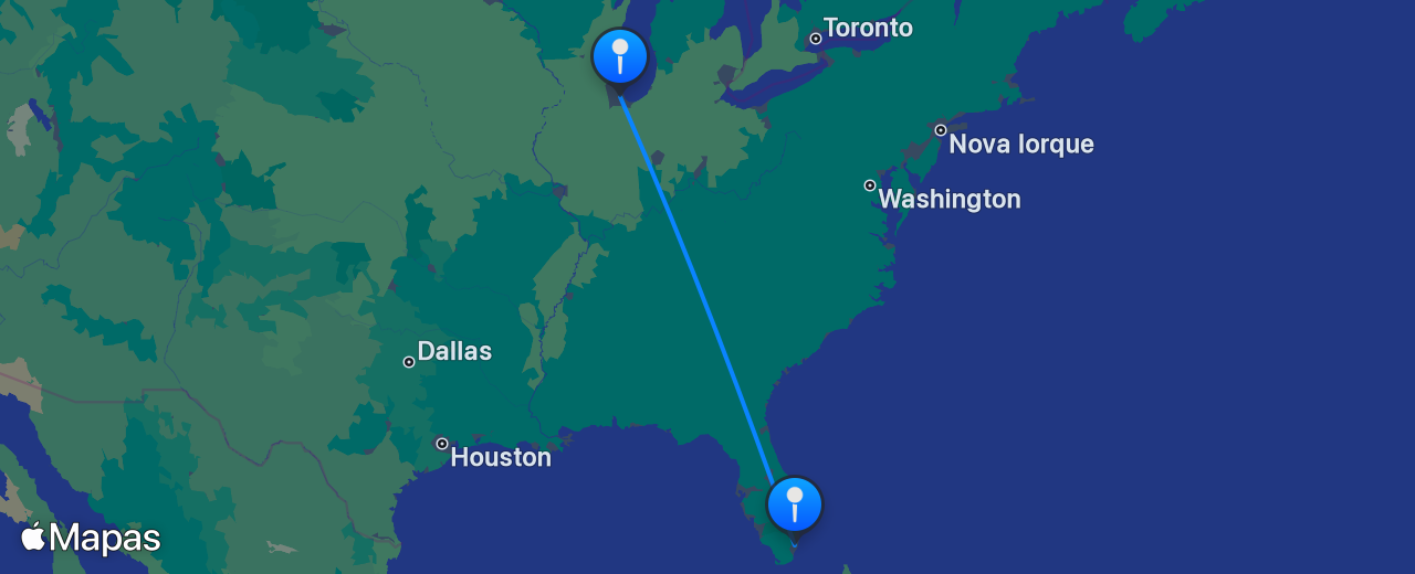 Mapa do voo de Miami para Chicago