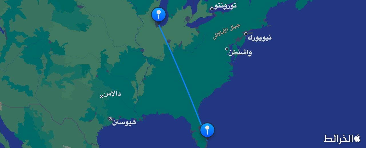 خريطة الرحلة من بالم بيتش إلى شيكاغو