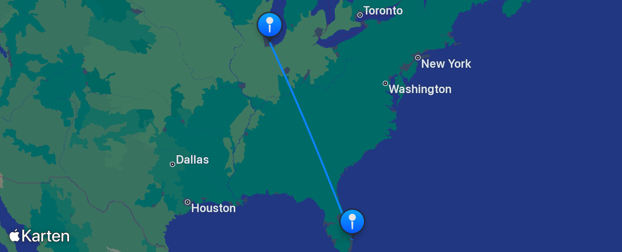 Karte des Flugs von Palm Beach nach Chicago