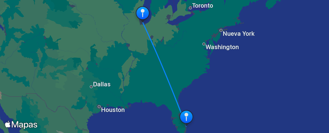Mapa del vuelo de Palm Beach a Chicago