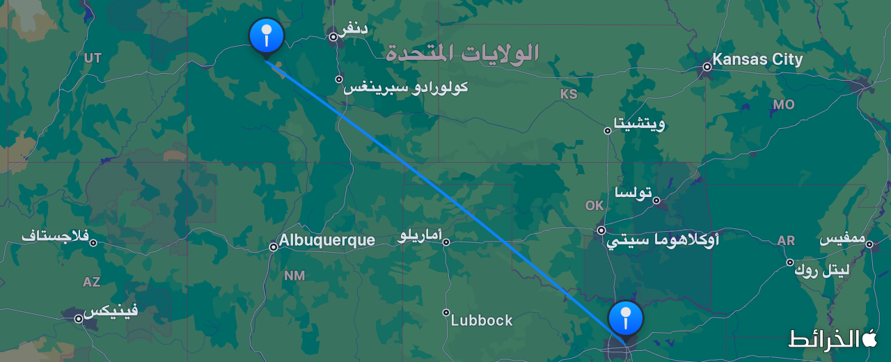 خريطة الرحلة من أسبن إلى دالاس
