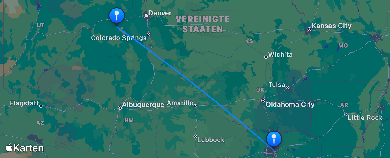 Karte des Flugs von Dallas nach Aspen