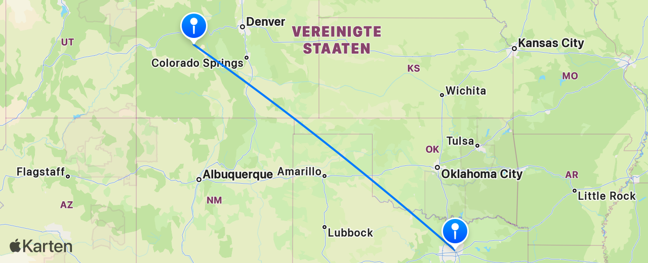 Karte des Flugs von Dallas nach Aspen