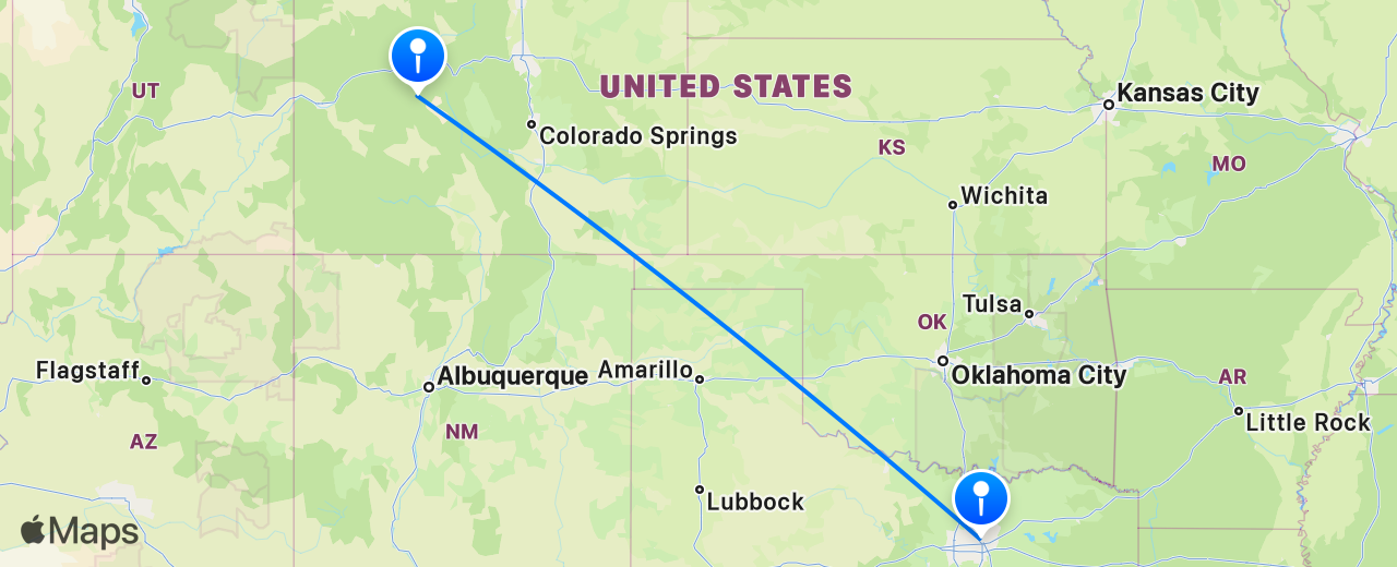 Map of the flight from Aspen to Dallas