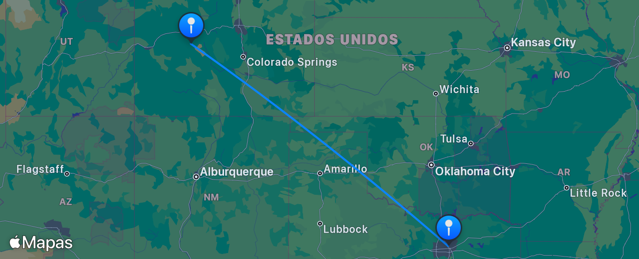 Mapa del vuelo de Aspen a Dallas