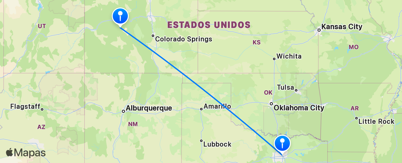 Mapa del vuelo de Aspen a Dallas