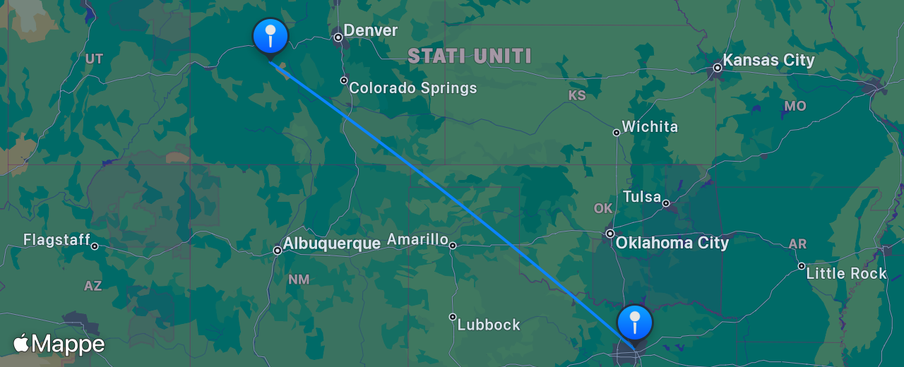 Mappa del volo da Aspen a Dallas