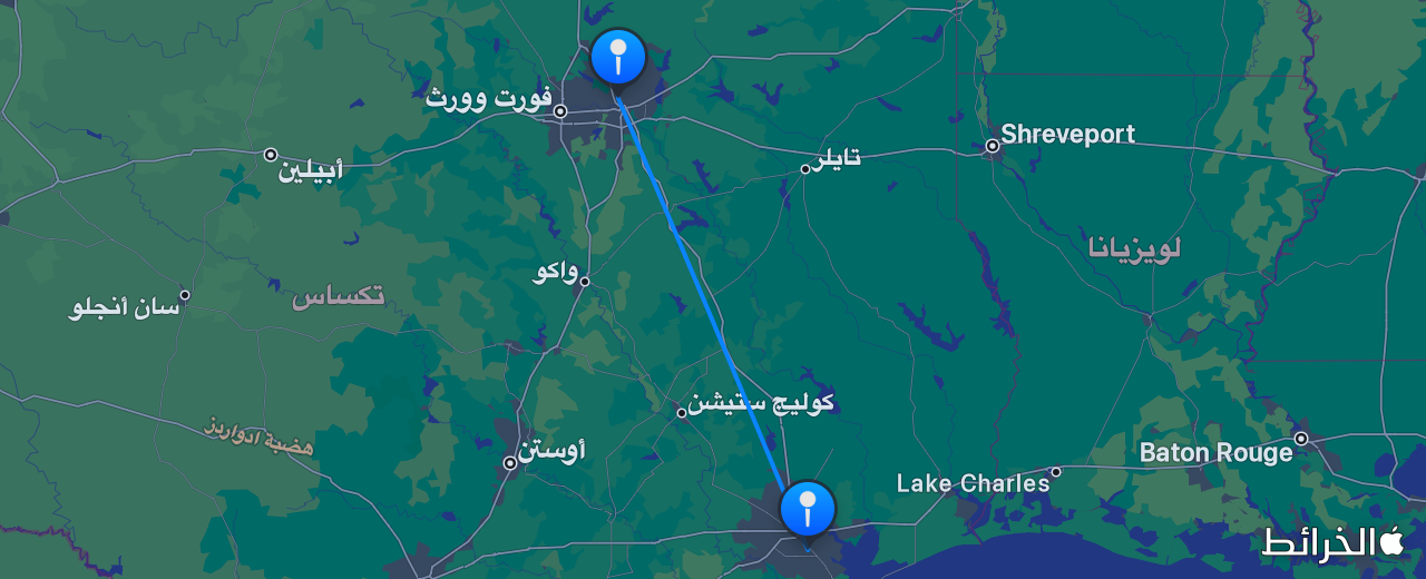 خريطة الرحلة من دالاس إلى هيوستن