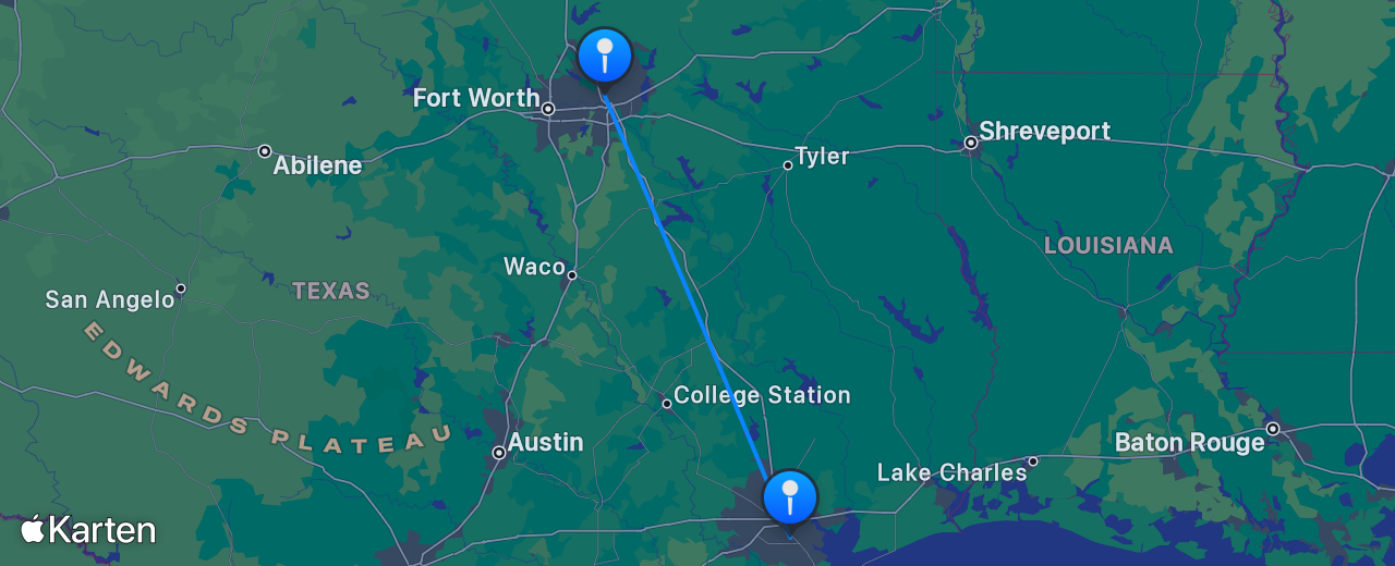 Karte des Flugs von Dallas nach Houston