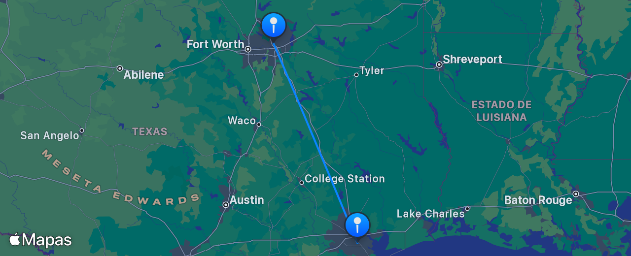Mapa del vuelo de Dallas a Houston