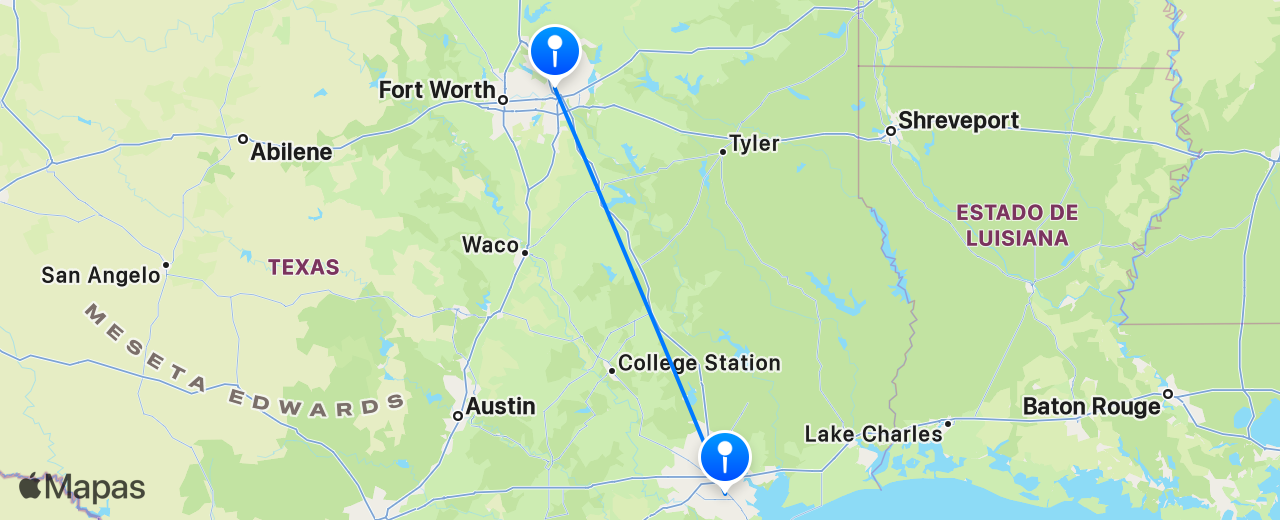 Mapa del vuelo de Dallas a Houston