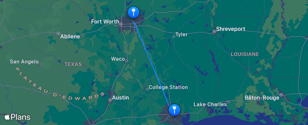 Carte du vol de Dallas vers Houston