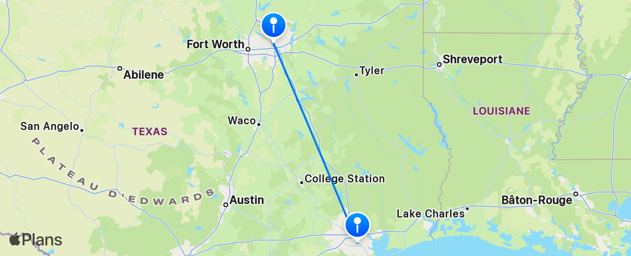 Carte du vol de Dallas vers Houston