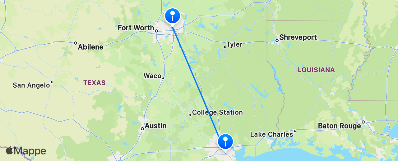 Mappa del volo da Houston a Dallas