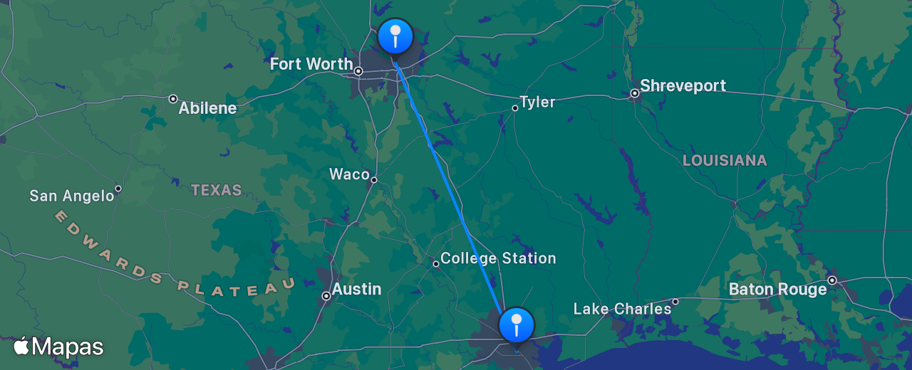 Mapa do voo de Dallas para Houston