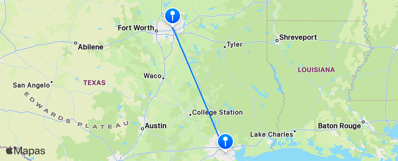 Mapa do voo de Dallas para Houston
