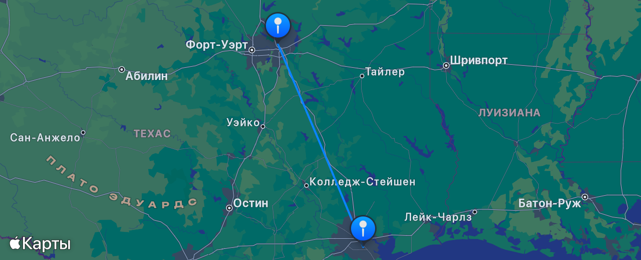 Карта перелёта Даллас — Хьюстон