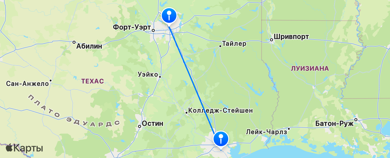 Карта перелёта Даллас — Хьюстон