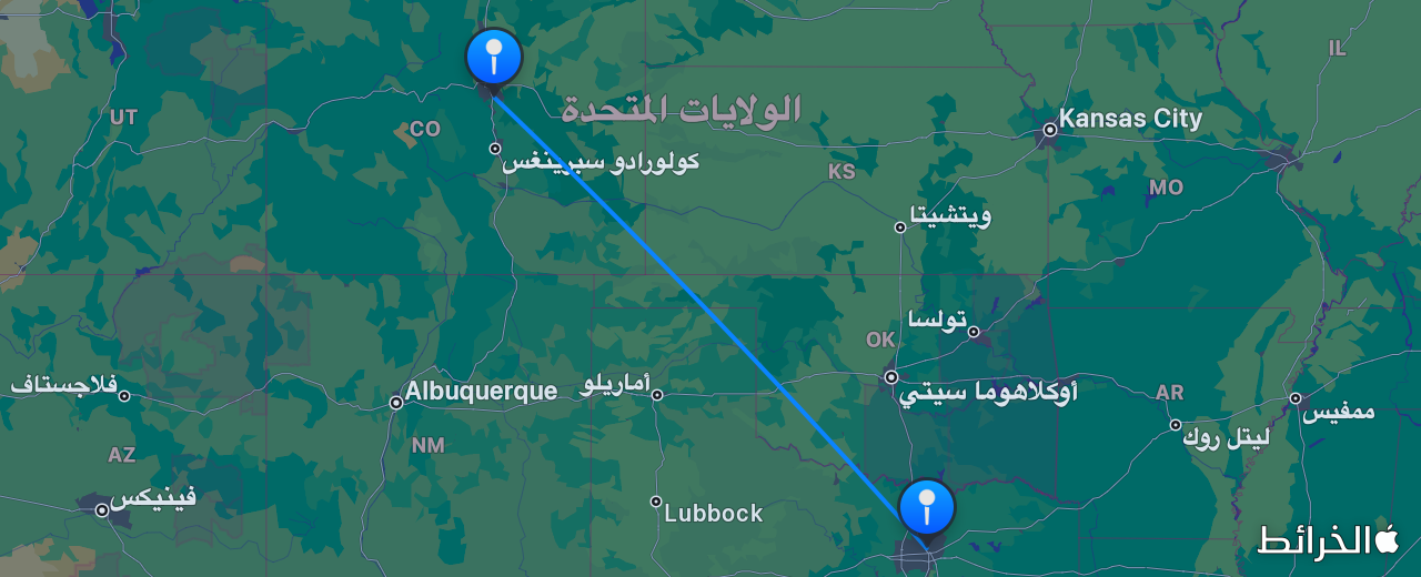 خريطة الرحلة من دنفر إلى دالاس