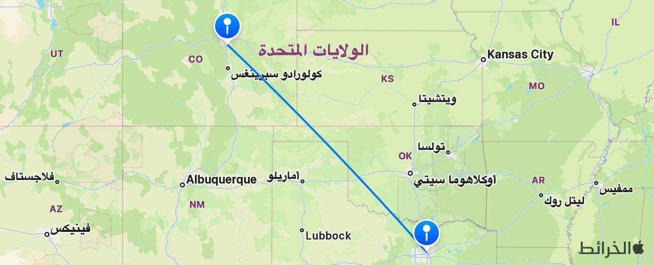 خريطة الرحلة من دنفر إلى دالاس