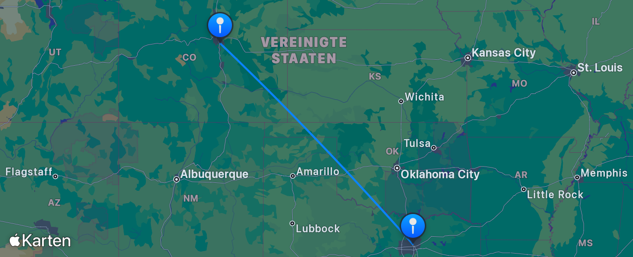 Karte des Flugs von Dallas nach Denver