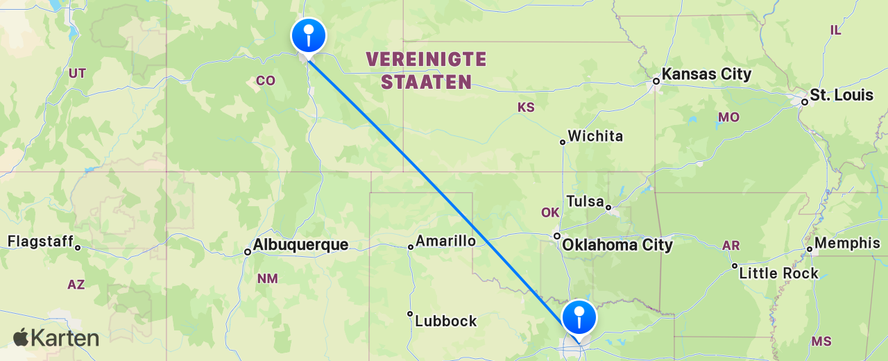 Karte des Flugs von Dallas nach Denver