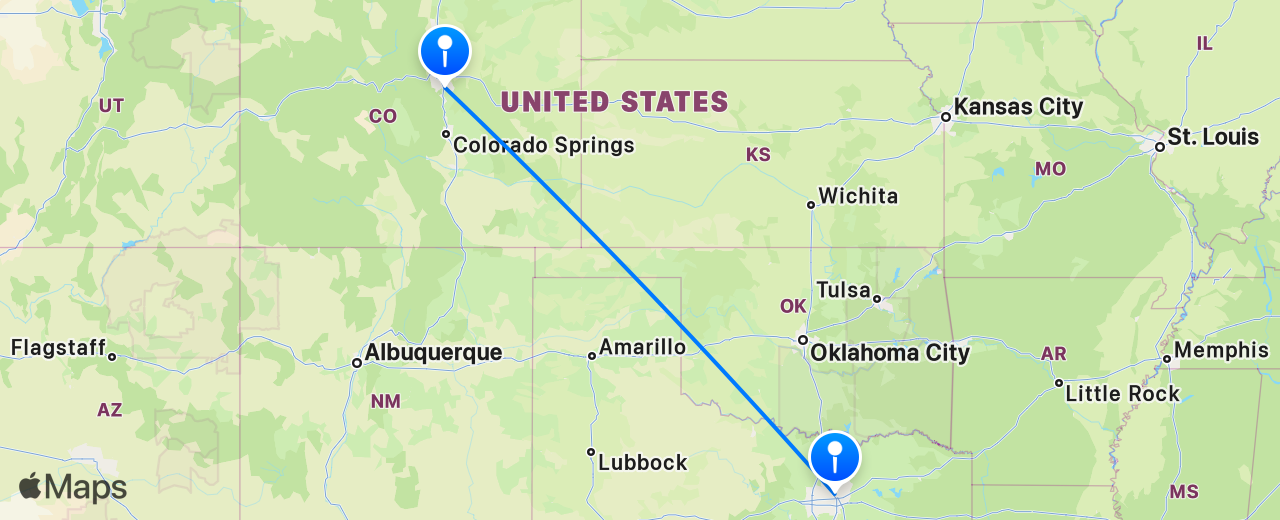 Map of the flight from Dallas to Denver