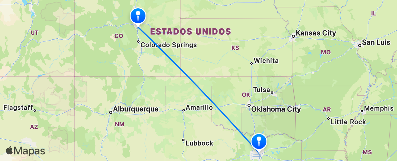 Mapa del vuelo de Denver a Dallas