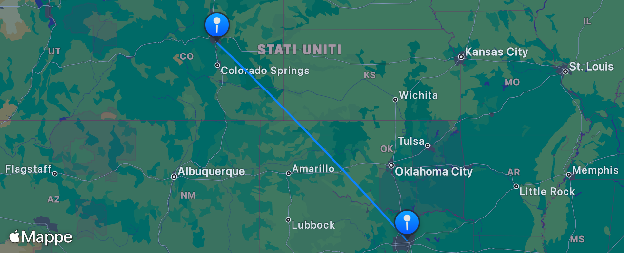 Mappa del volo da Denver a Dallas