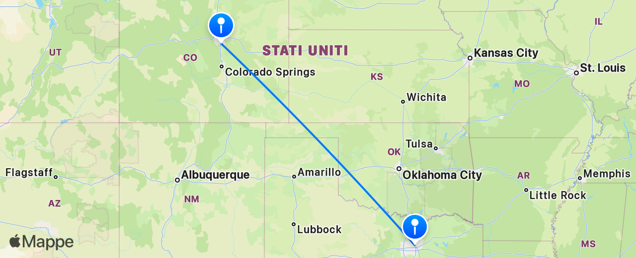 Mappa del volo da Denver a Dallas