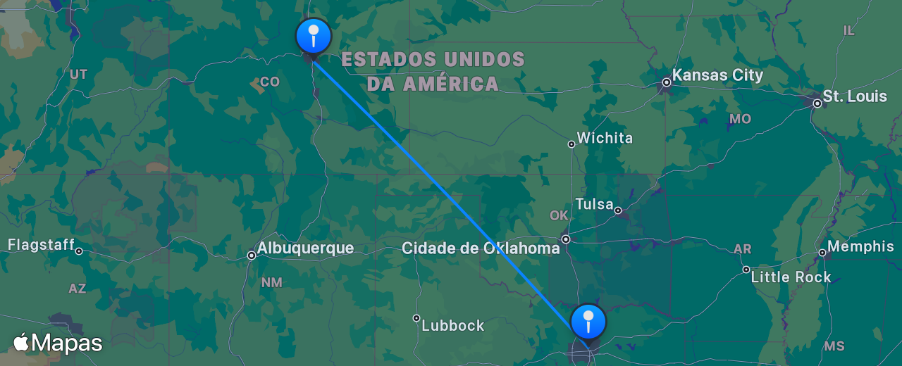 Mapa do voo de Dallas para Denver