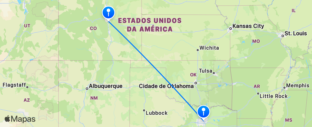 Mapa do voo de Dallas para Denver