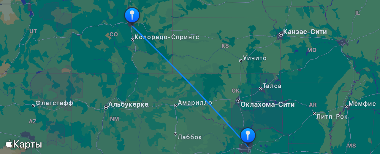 Карта перелёта Даллас — Денвер