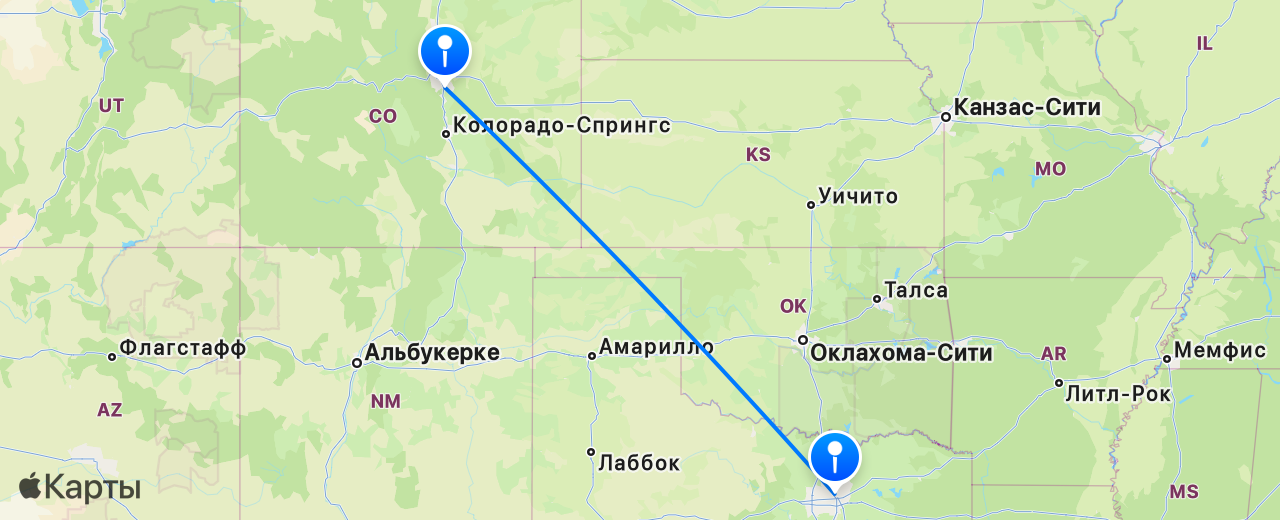 Карта перелёта Даллас — Денвер