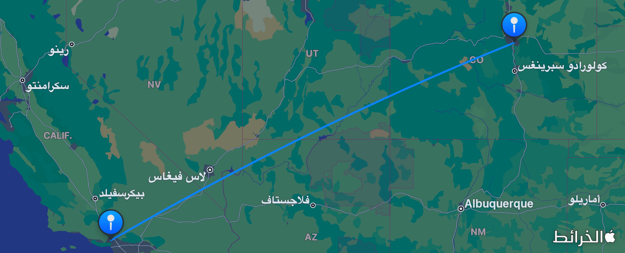 خريطة الرحلة من دنفر إلى لوس أنجلوس