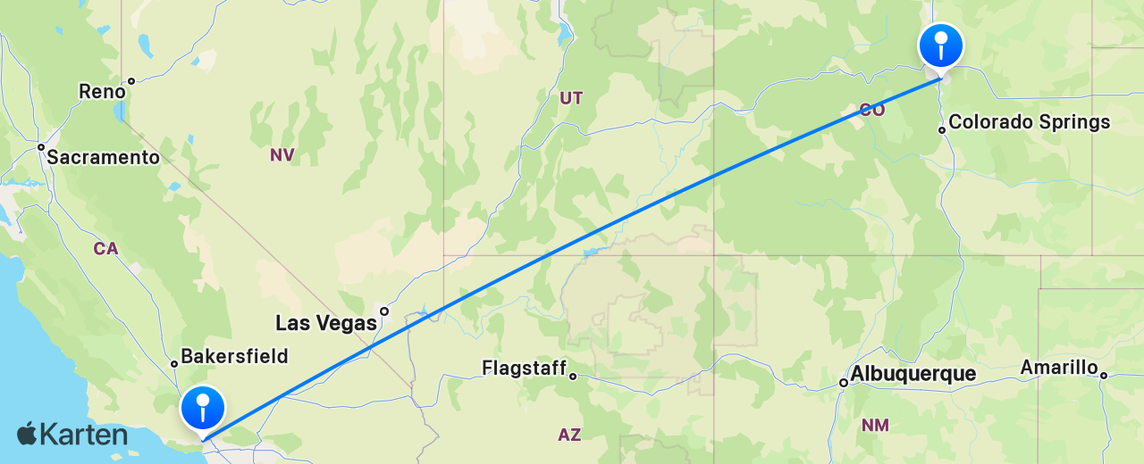 Karte des Flugs von Denver nach Los Angeles