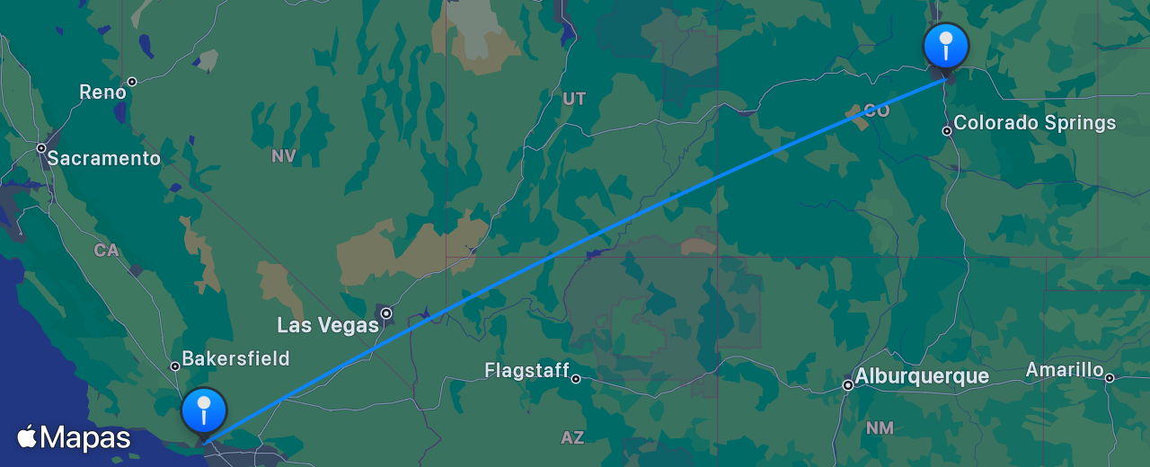 Mapa del vuelo de Denver a Los Angeles