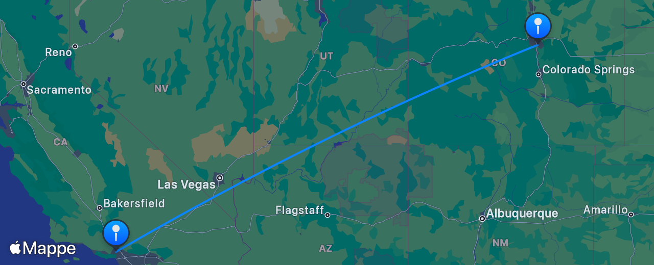 Mappa del volo da Denver a Los Angeles