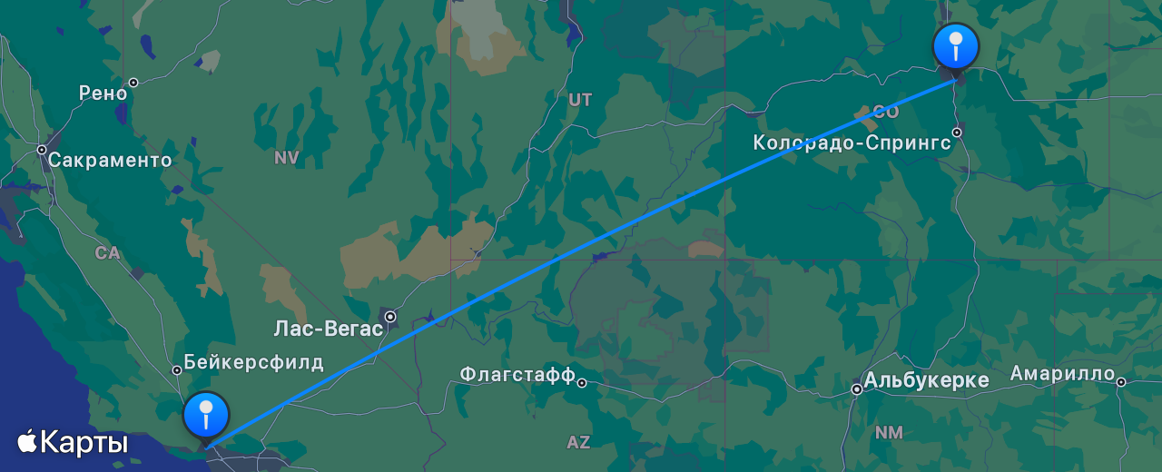Карта перелёта Денвер — Лос-Анджелес