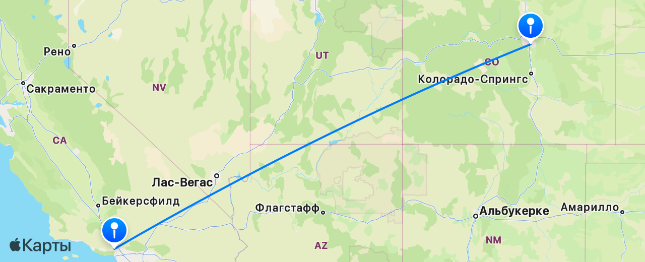 Карта перелёта Денвер — Лос-Анджелес