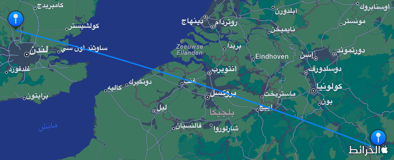 خريطة الرحلة من فرانكفورت إلى لندن