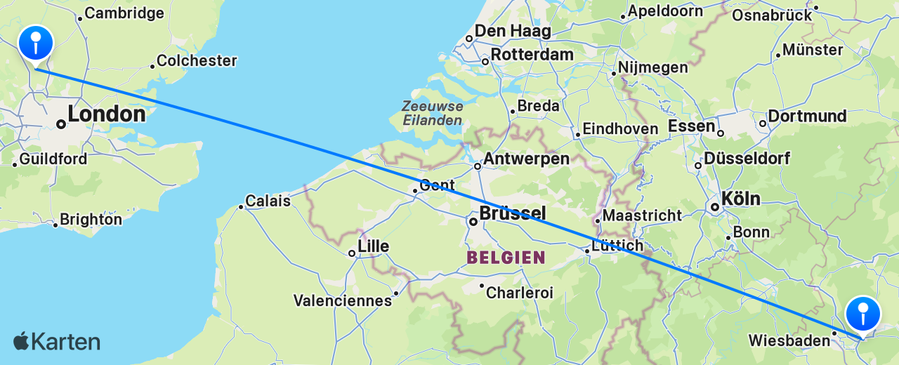 Karte des Flugs von London nach Frankfurt